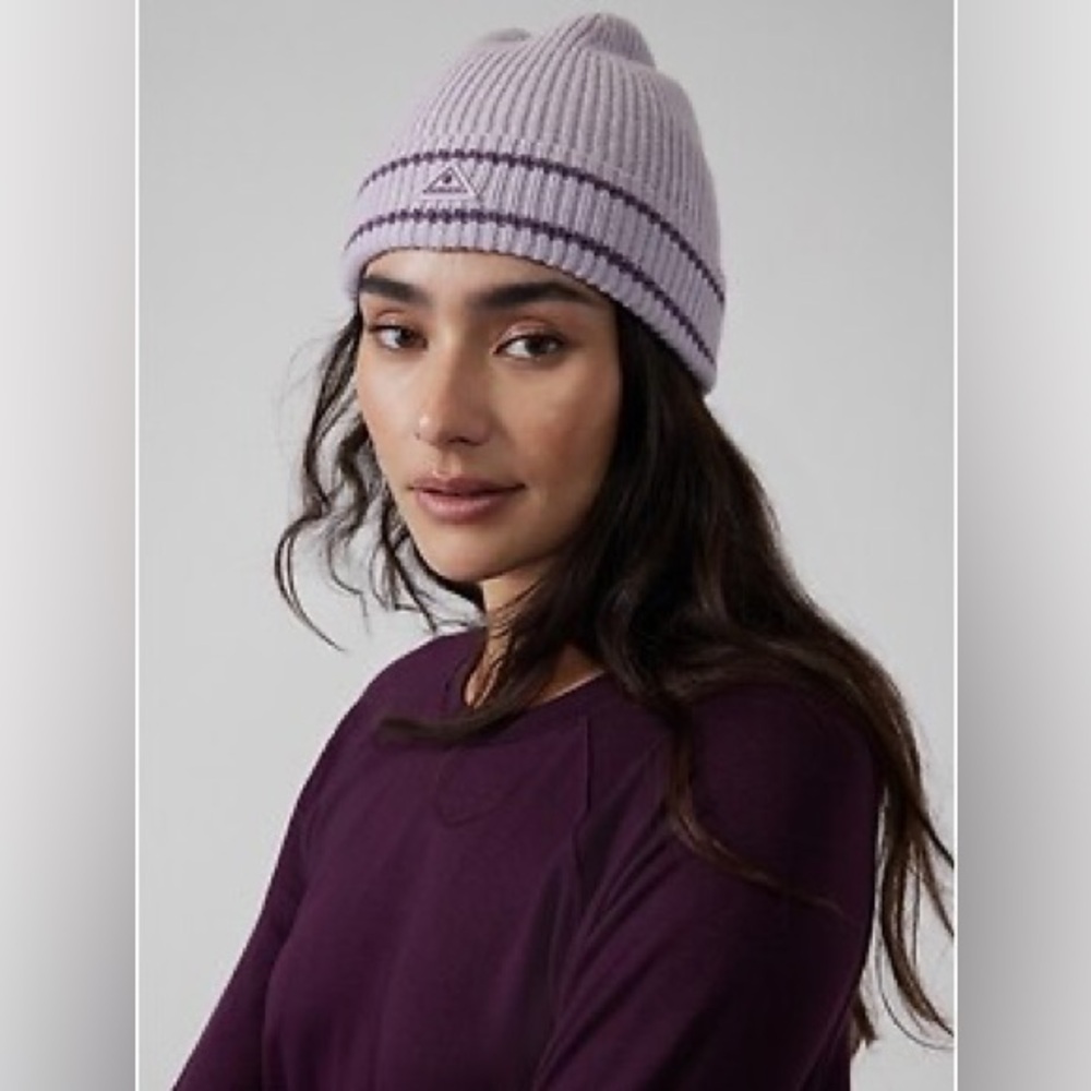 Athleta Lavender Ribbed Beanie with Dark Purple Trim
